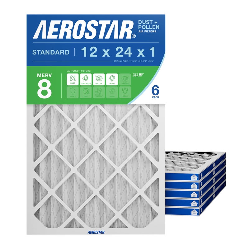 Aerostar 12x24x1 MERV 8 Air Filter, 6 Count, ACTUAL SIZE (11.75 x 23.75 x 0.75), HVAC, Air Conditioning & Furnace Filter Captures Dust, Lint & Pollen (MPR 600 / FPR 5), Made in USA - Image 1